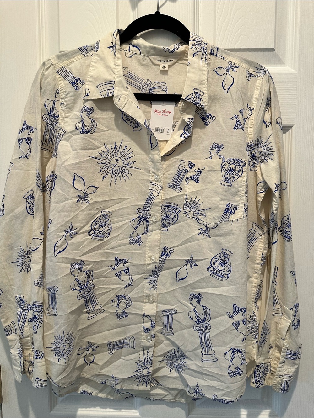 Lucky Brand Cream Button-Down Shirt with Blue Classical Print